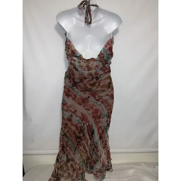 Papillon Y2K Purple Floral Mesh Halter Smock Dress Chiffon Ruffle Size Medium - Picture 3 of 8